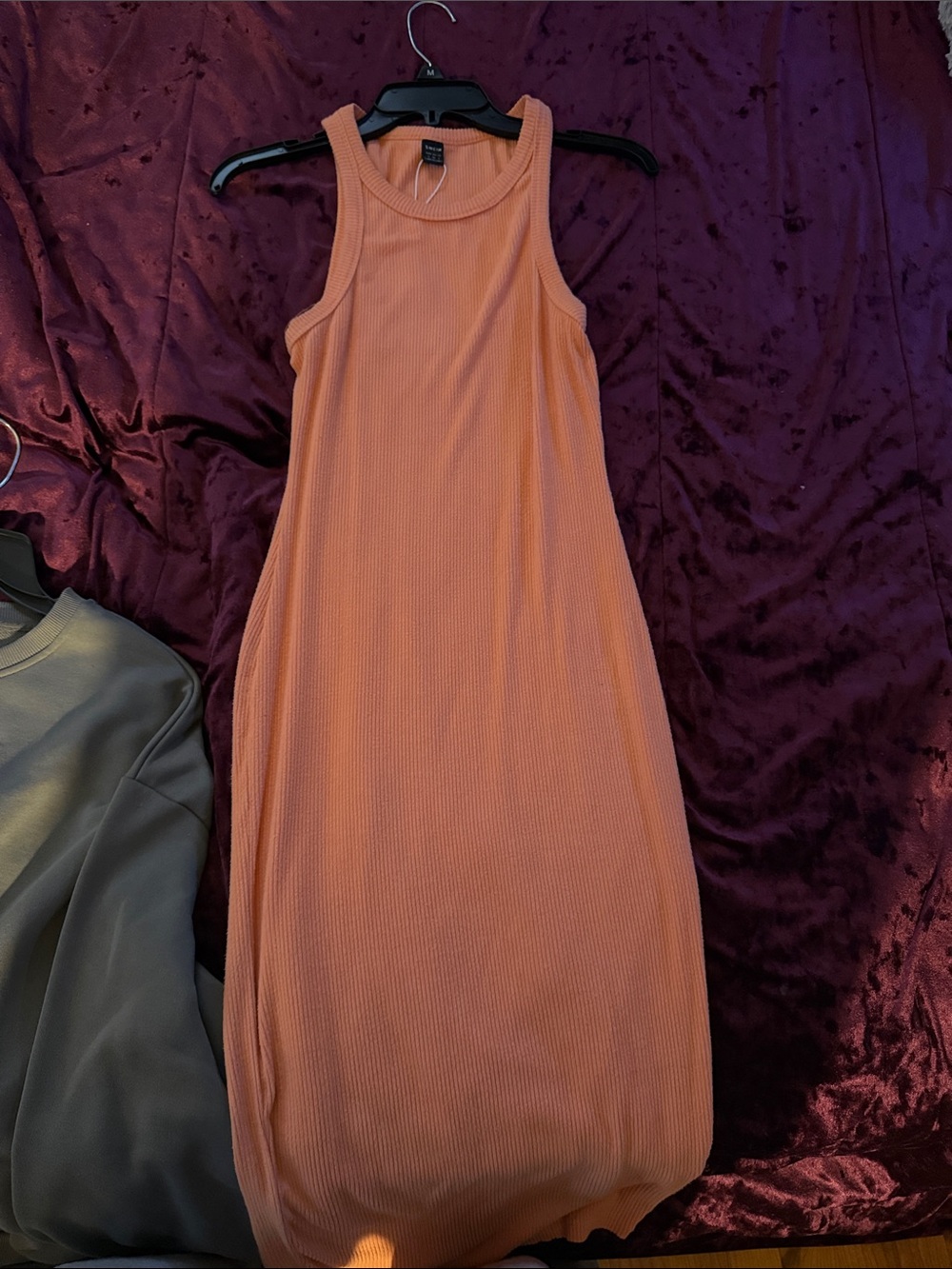 SHEIN Peach Ribbed Tank Midi Dress